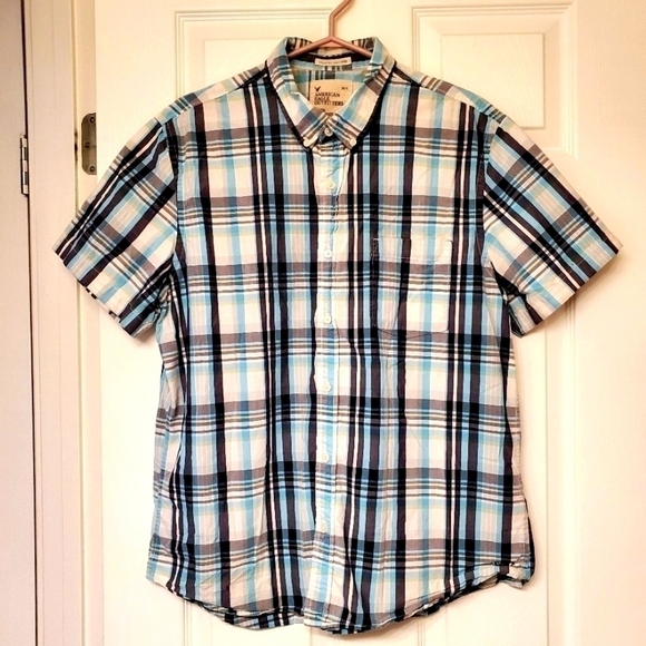 ⭐️AEO MENS BLUE PLAID SEERSUCKER SHORT SLEEVE BUTTON DOWN SHIRT XL - Picture 1 of 12